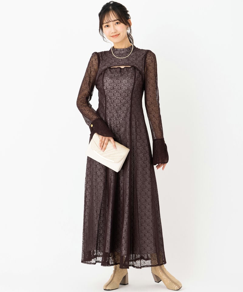 Select Shop バックオープンジオメトリックレースドレス ブラウン系