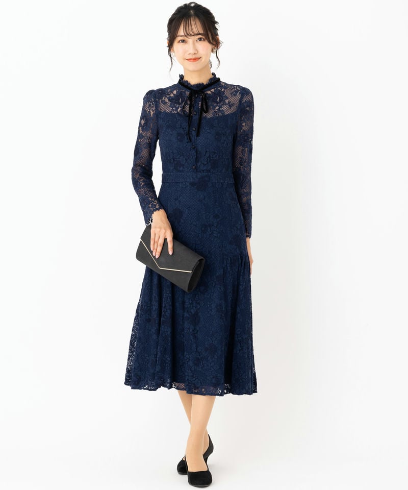 セルフォード ボウタイレースワンピース リボン 38 紺 長袖 CELFORD セルフォード ボウタイレースドレス ネイビー系 | 結婚式