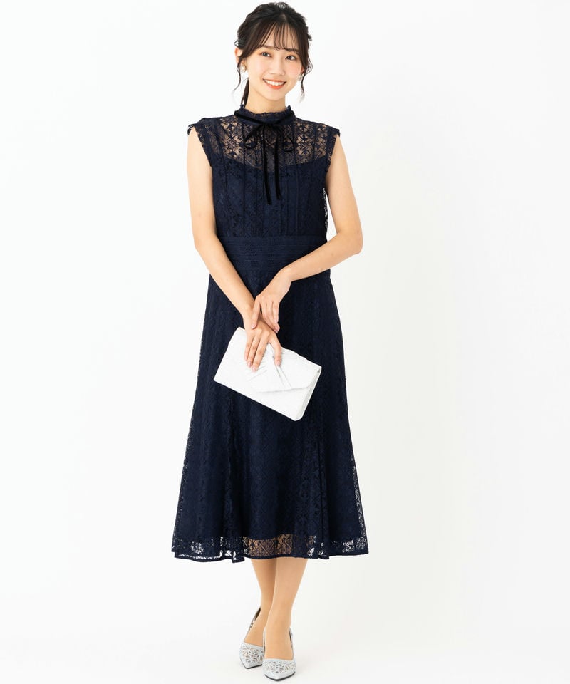 CELFORD ネイビー レースドレス 半袖 ミディ丈 CELFORD セルフォード タイルレースドレス ネイビー系 | 結婚式