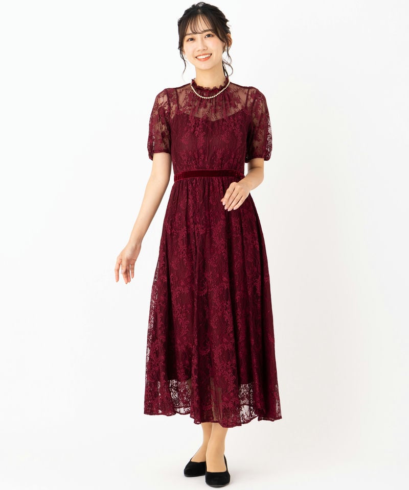 JILL STUART ジルスチュアート レース×ベルベットドレス レッド系