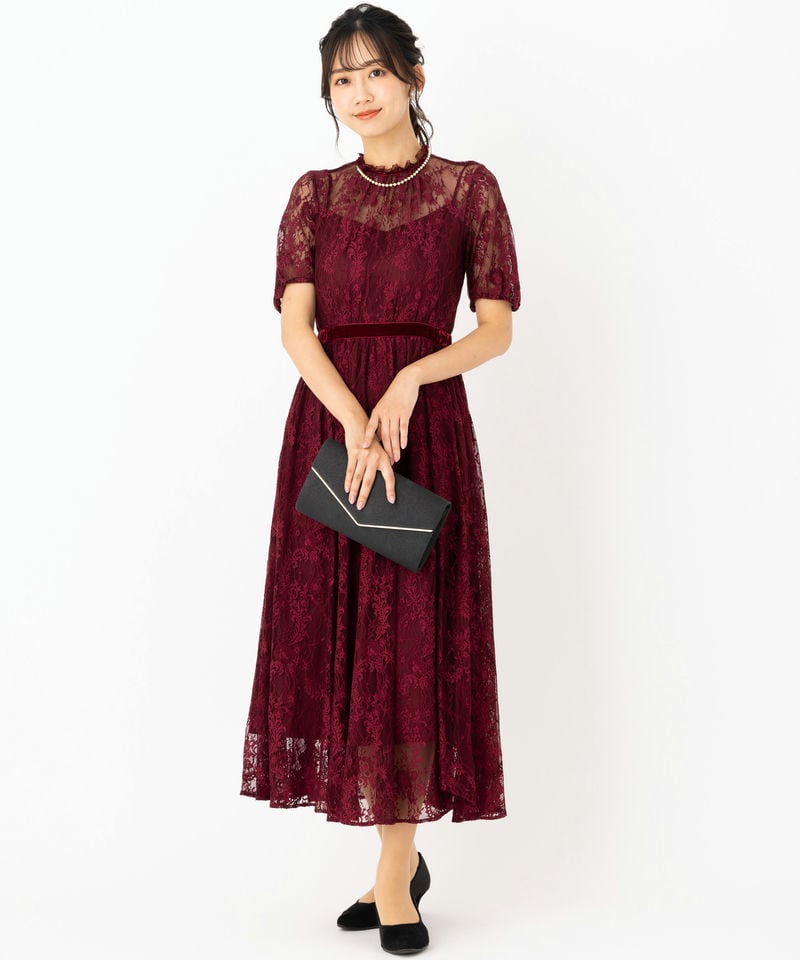JILL STUART ジルスチュアート レース×ベルベットドレス レッド系