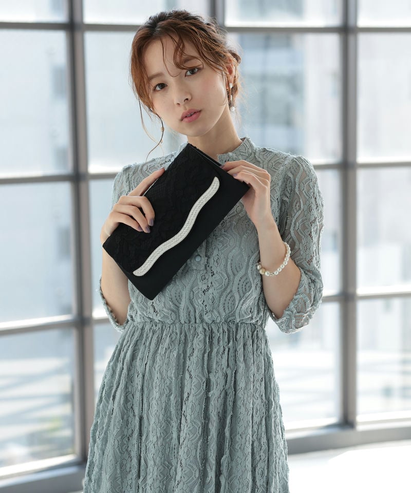 Select Shop バンドカラー総レースロングドレス グレー系 x ブルー系