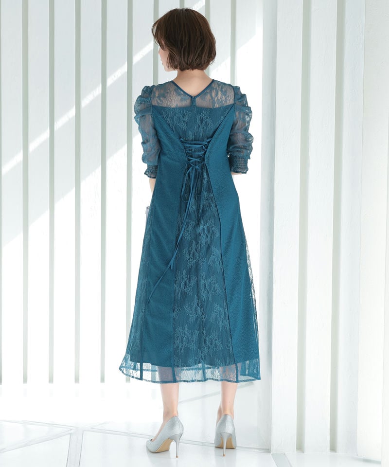 Select Shop 異素材レースレースアップリボンドレス グレー系 x ブルー