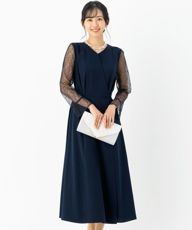 Aimer 【ドレス3点セット】Vネックロングスリーブドレス ネイビー系