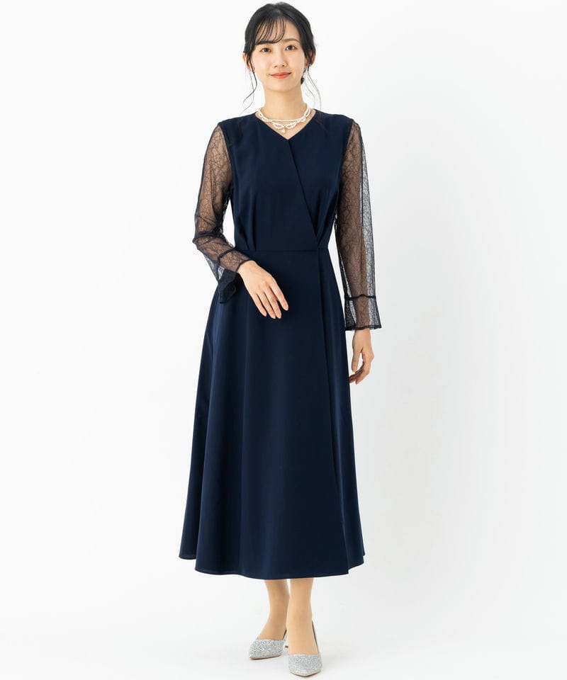 Aimer 【ドレス3点セット】Vネックロングスリーブドレス ネイビー系