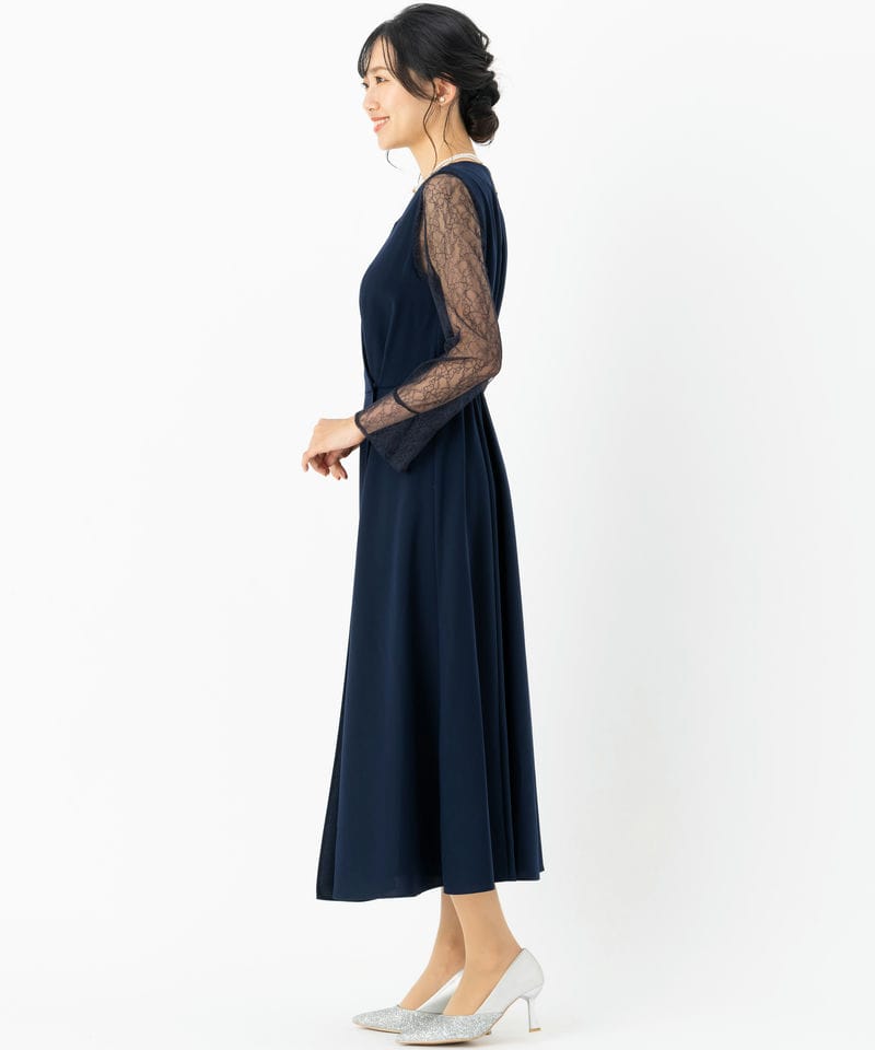 Aimer 【ドレス3点セット】Vネックロングスリーブドレス ネイビー系
