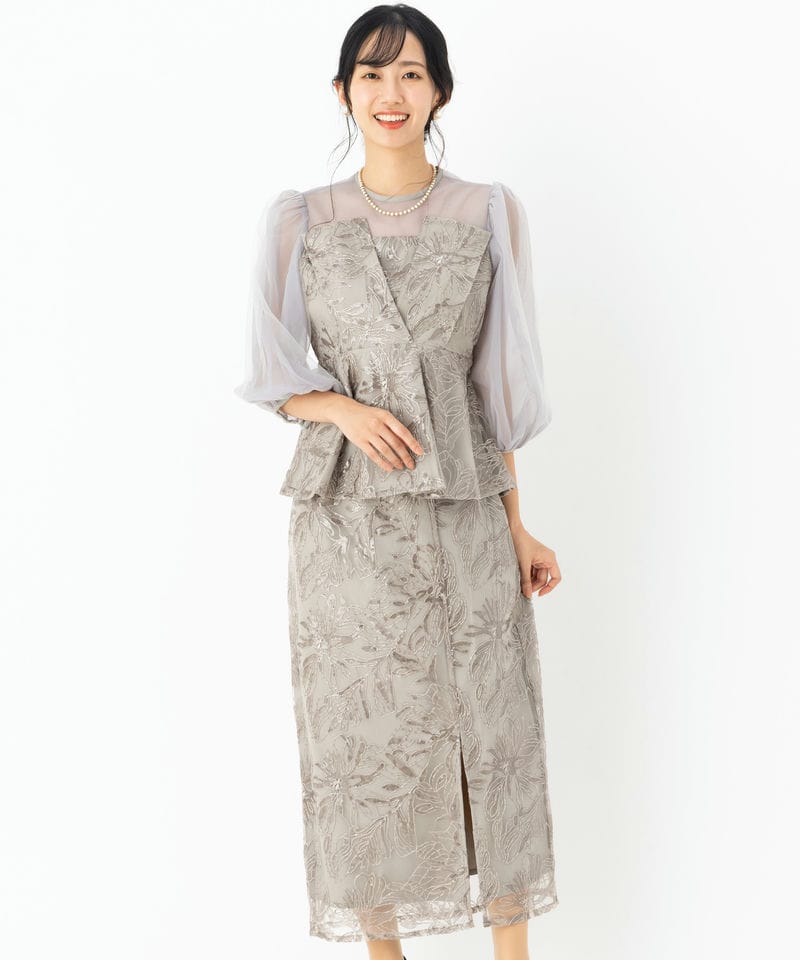 Leja レジャ シアーパフスリーブペプラムIラインドレス グレー系