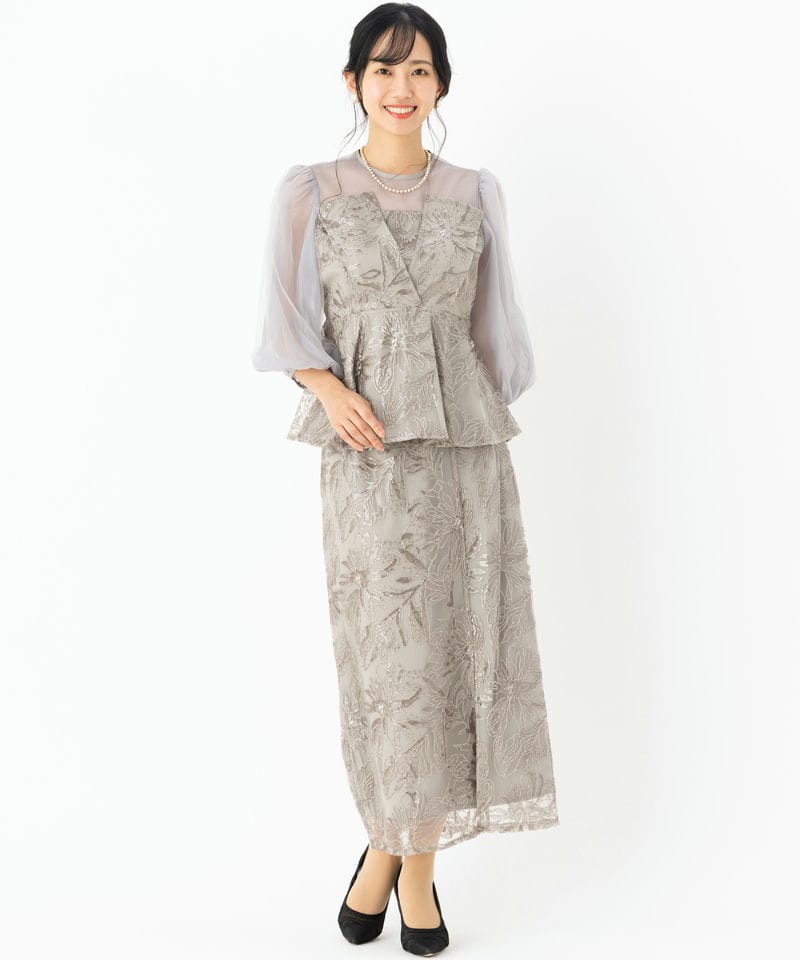Leja レジャ シアーパフスリーブペプラムIラインドレス グレー系