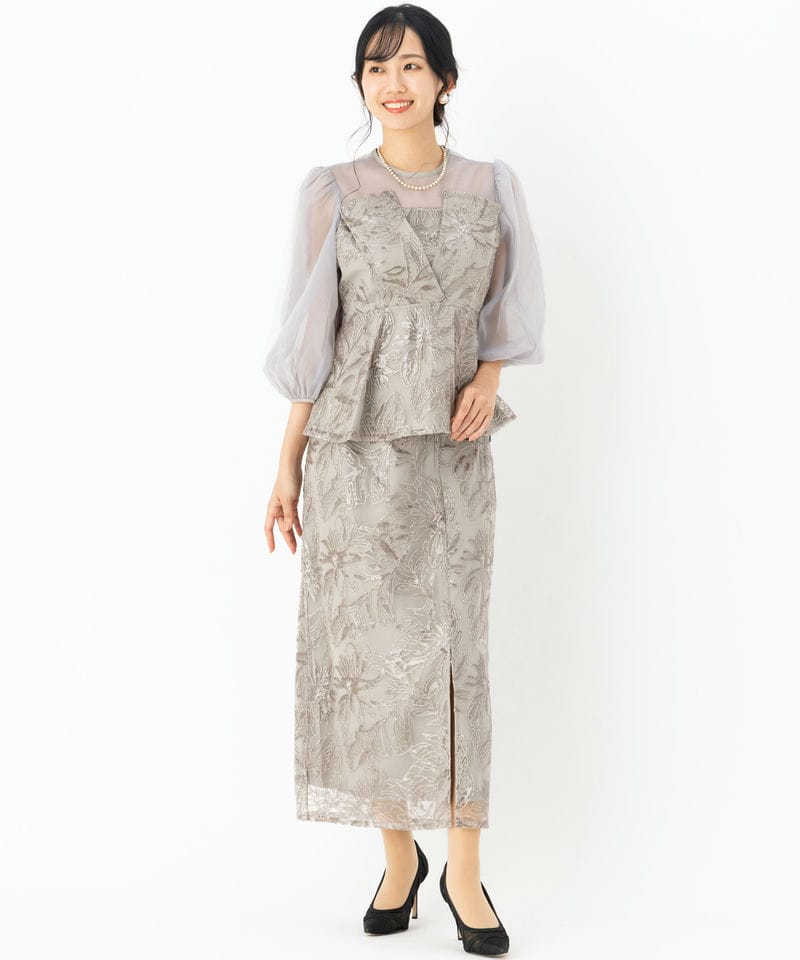 Leja レジャ シアーパフスリーブペプラムIラインドレス グレー系