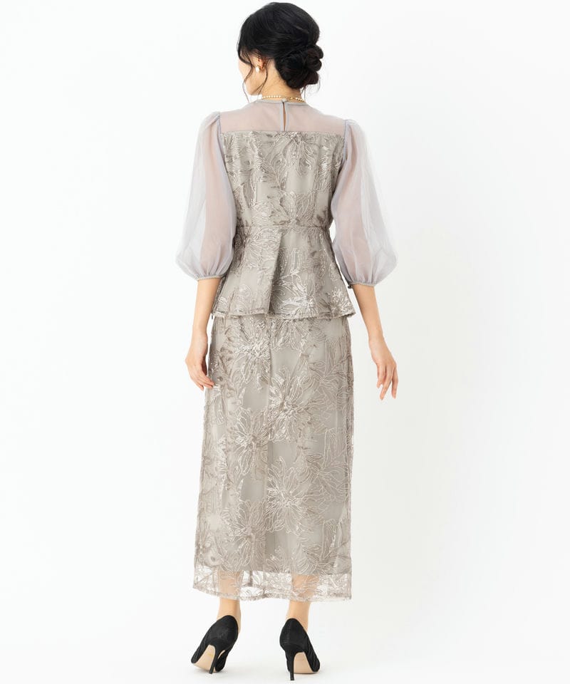 Leja レジャ シアーパフスリーブペプラムIラインドレス グレー系