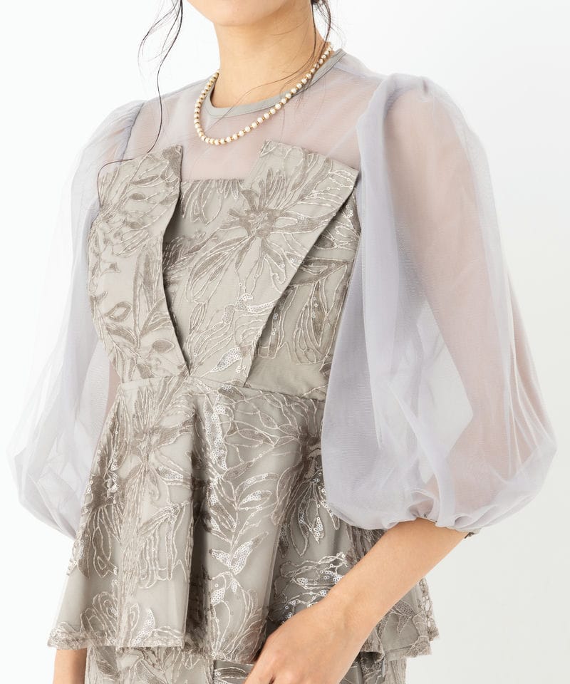 Leja レジャ シアーパフスリーブペプラムIラインドレス グレー系