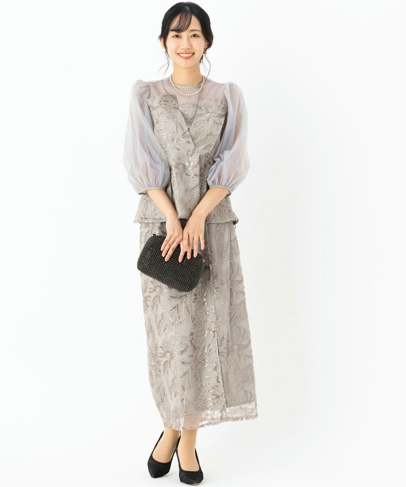 Leja レジャ シアーパフスリーブペプラムIラインドレス グレー系