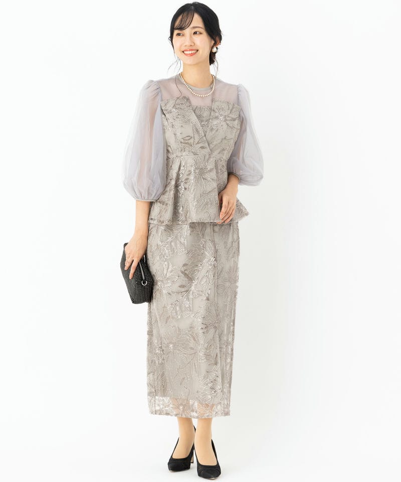 Leja レジャ シアーパフスリーブペプラムIラインドレス グレー系