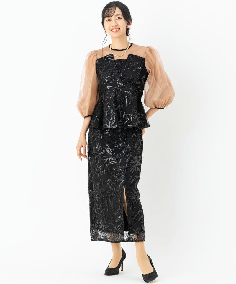 Leja レジャ シアーパフスリーブペプラムIラインドレス ブラック系