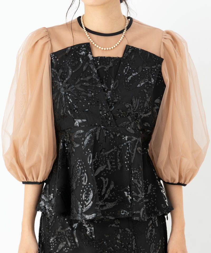 Leja レジャ シアーパフスリーブペプラムIラインドレス ブラック系