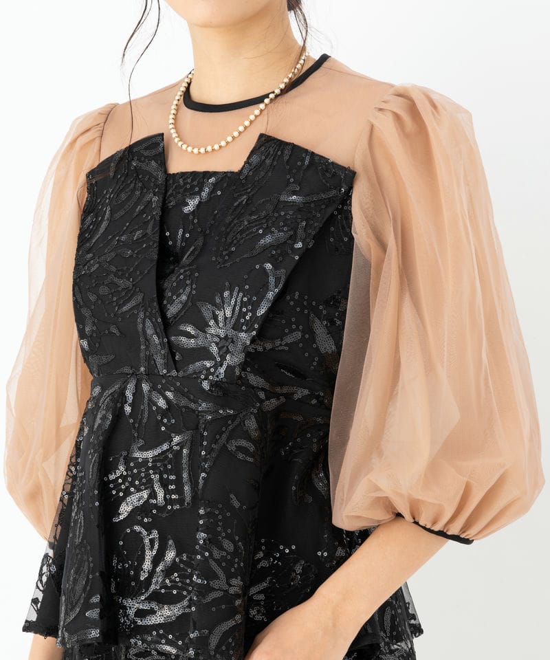 Leja レジャ シアーパフスリーブペプラムIラインドレス ブラック系