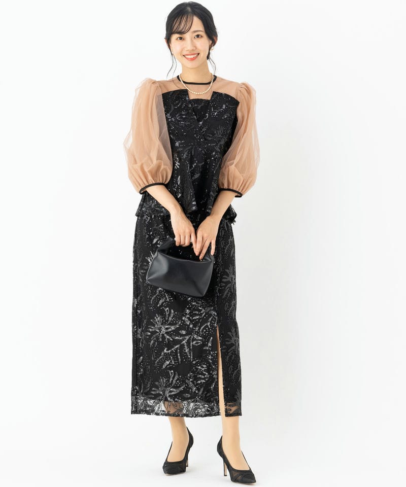 Leja レジャ シアーパフスリーブペプラムIラインドレス ブラック系