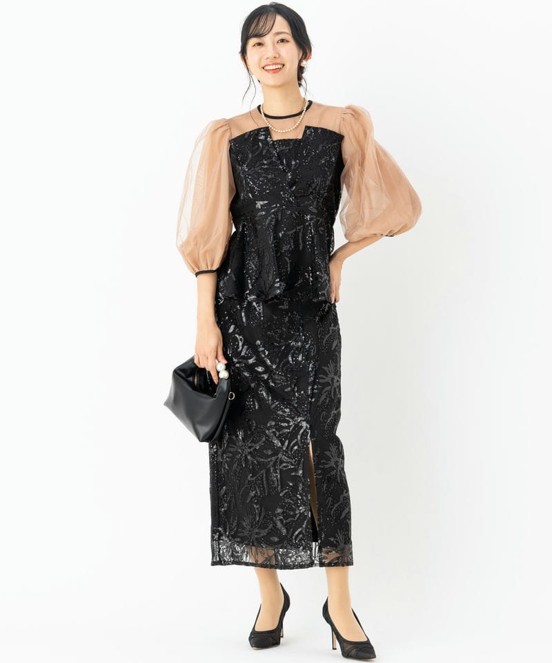 Leja レジャ シアーパフスリーブペプラムIラインドレス ブラック系