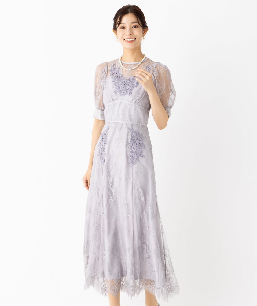 マーキュリーデュオ　パワショルレースドレス MERCURYDUO マーキュリーデュオ 配色レースパワショルロングドレス