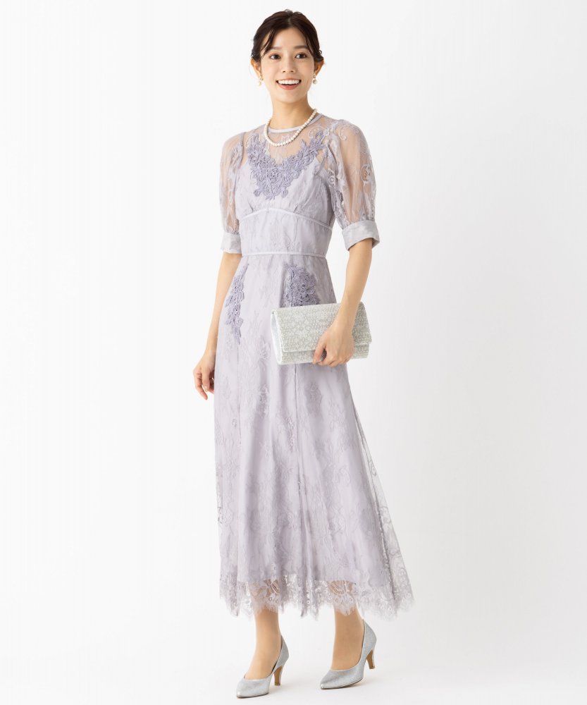 MERCURYDUO マーキュリーデュオ 配色レースパワショルロングドレス