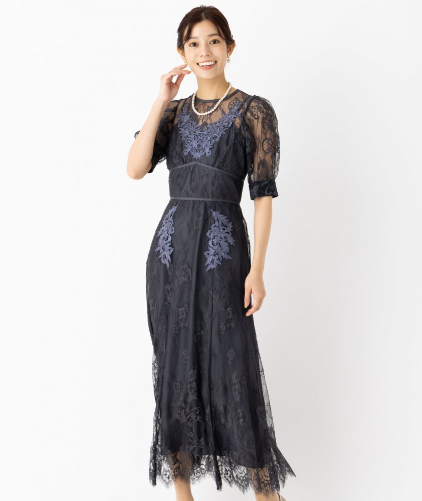 MERCURYDUO マーキュリーデュオ 配色レースパワショルロングドレス