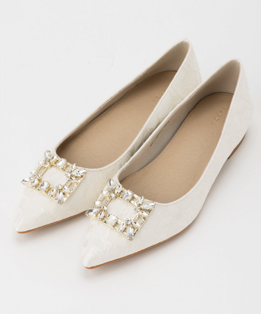 RANDA ランダ ビジューパーツフラットパンプス ホワイト系 x ベージュ