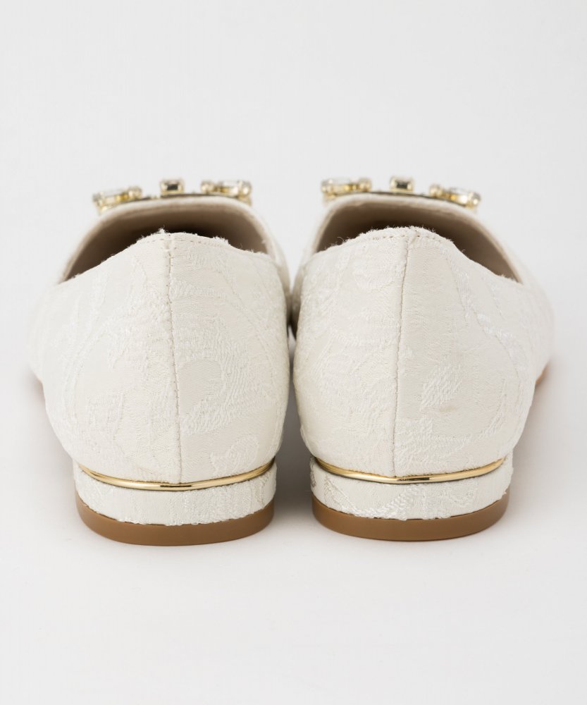 RANDA ランダ ビジューパーツフラットパンプス ホワイト系 x ベージュ