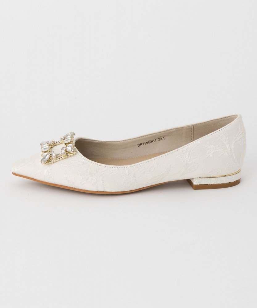 RANDA ランダ ビジューパーツフラットパンプス ホワイト系 x ベージュ