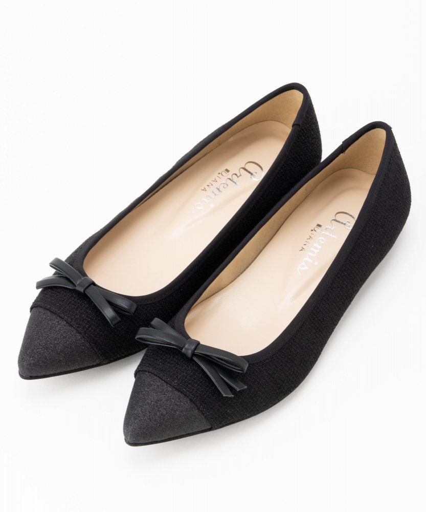 DIANA ダイアナ ブラック リボン付きフラットシューズ 24cm アルテミス バイ ダイアナ artemis by DIANA ラインストーンリボン