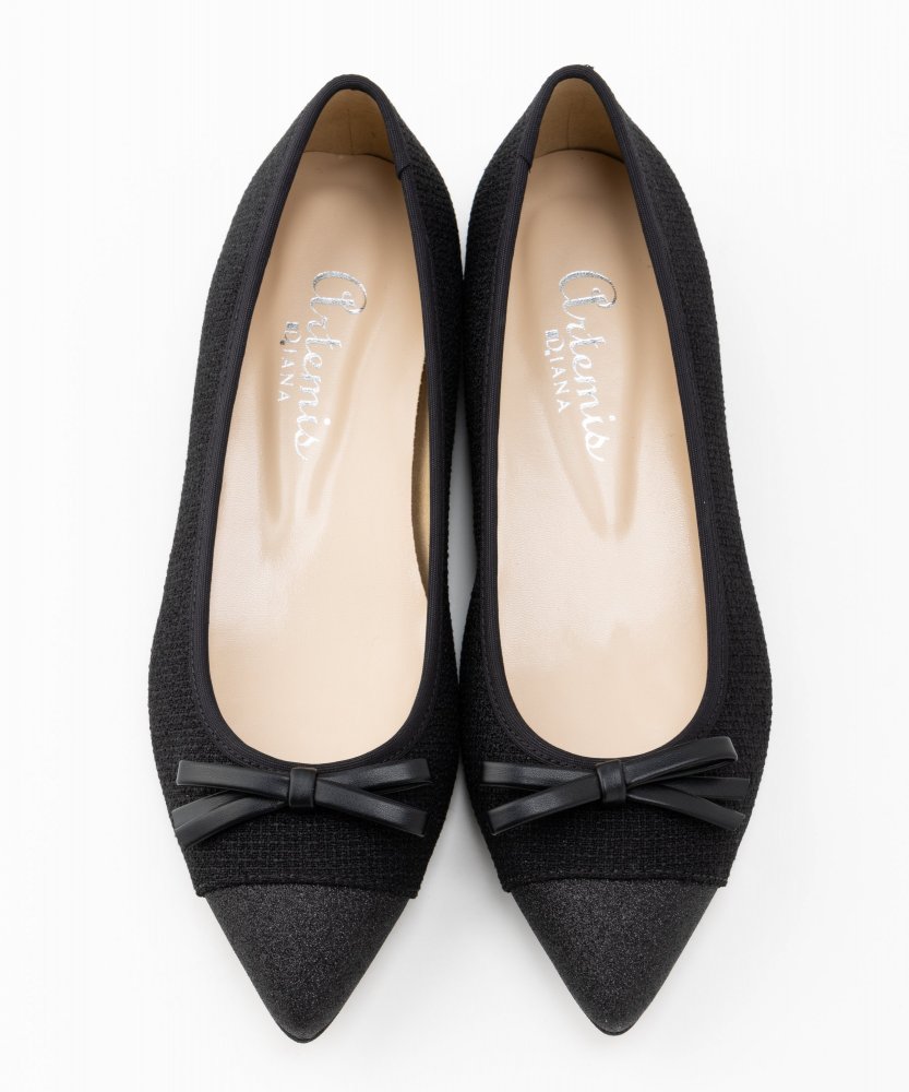 DIANA ダイアナ つま先グリッターリボンフラットパンプス ブラック系