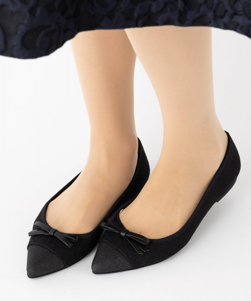 DIANA ダイアナ つま先グリッターリボンフラットパンプス ブラック系