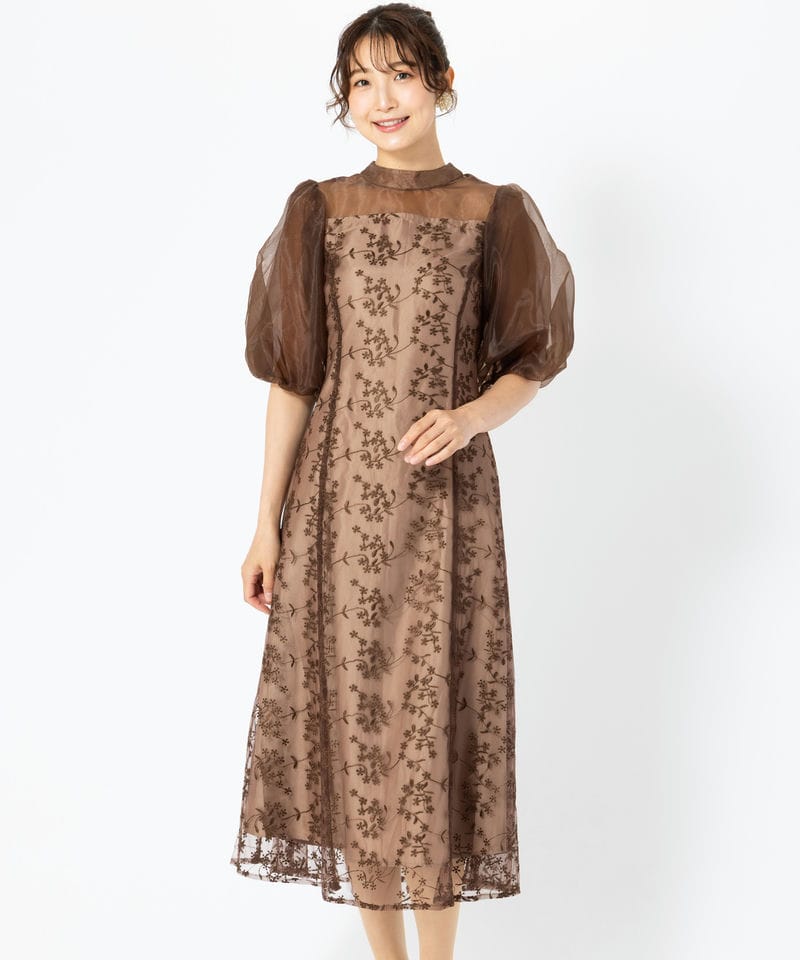 Leja レジャ 異素材レースドレス シアー　ブラウン Leja（レジャ）の「【LEJA】異素材シアー刺繍レース透け感プリーツ