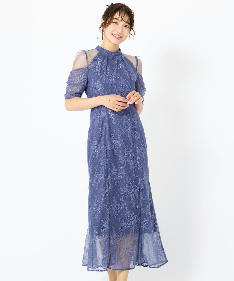 SNIDEL スナイデル シアーショルダーレースドレス ブルー系 | 結婚式
