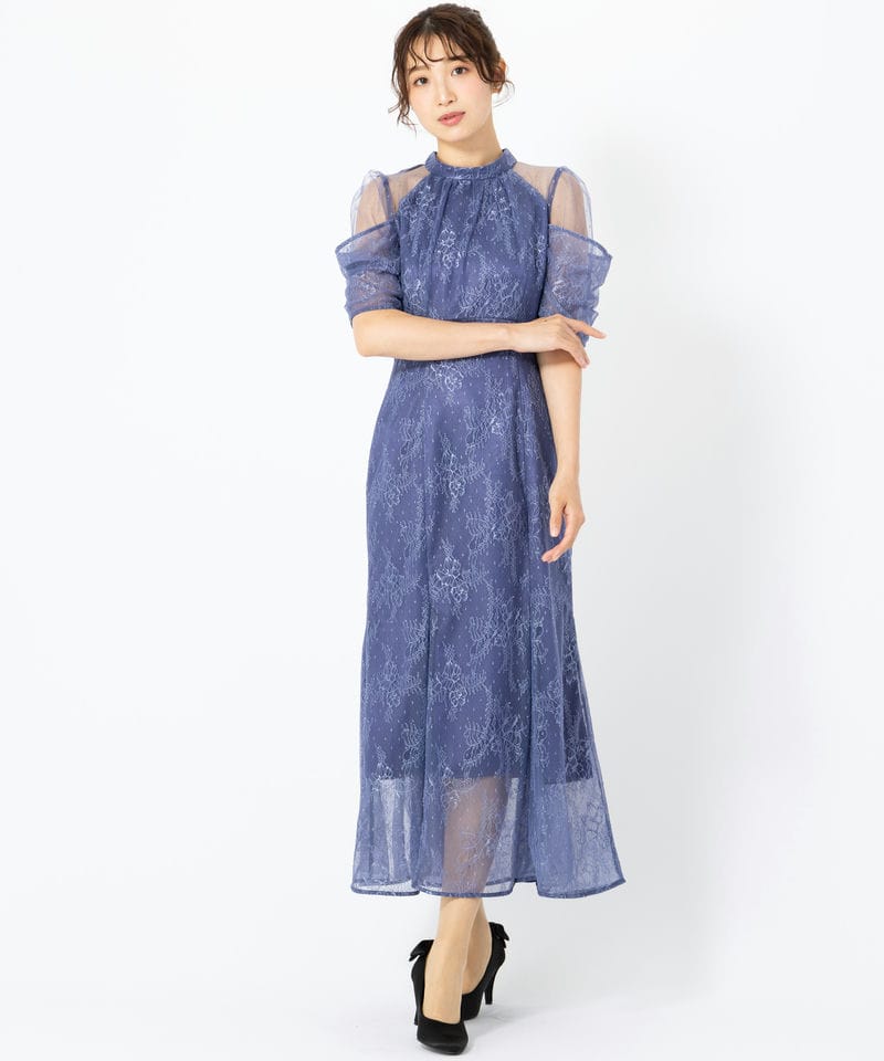 SNIDEL スナイデル シアーショルダーレースドレス ブルー系 | 結婚式