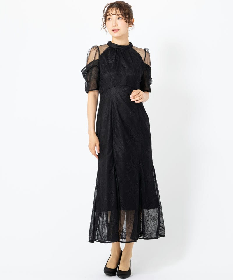 SNIDEL スナイデル シアーショルダーレースドレス ブラック系 | 結婚式