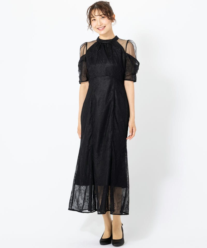 SNIDEL スナイデル シアーショルダーレースドレス ブラック系 | 結婚式