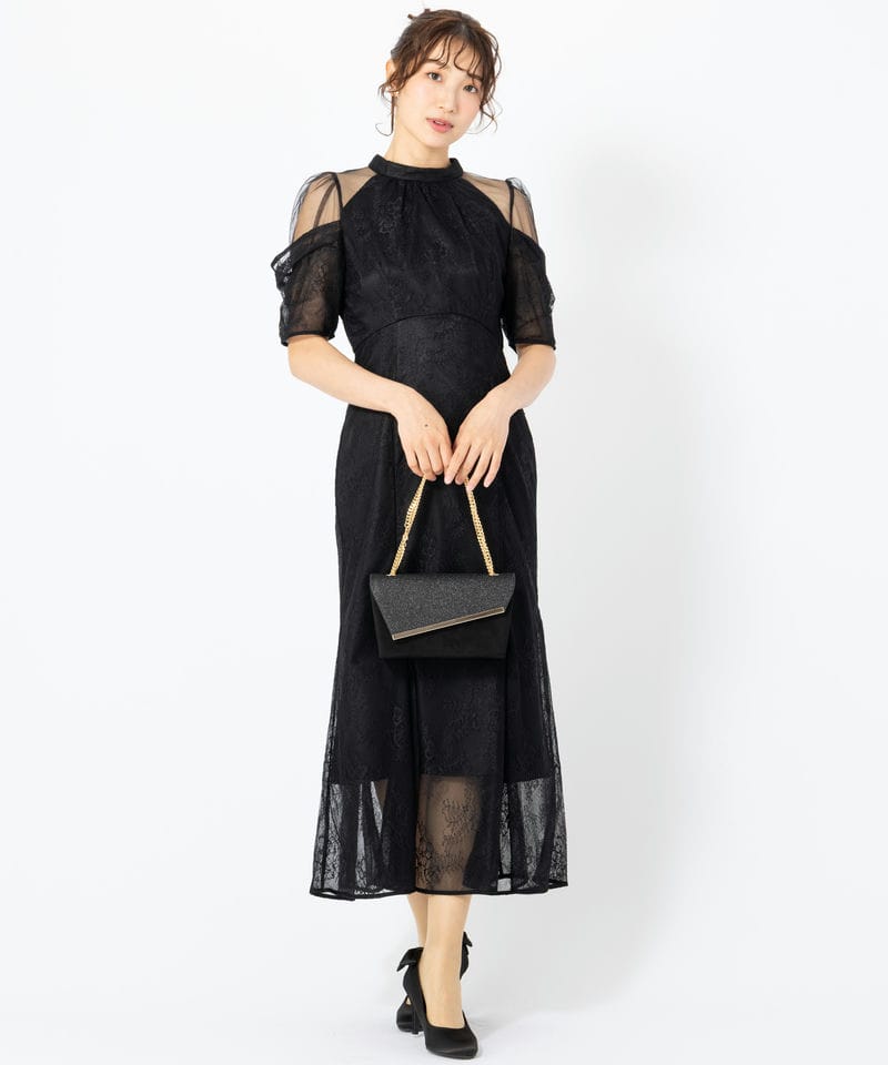 SNIDEL スナイデル シアーショルダーレースドレス ブラック系 | 結婚式