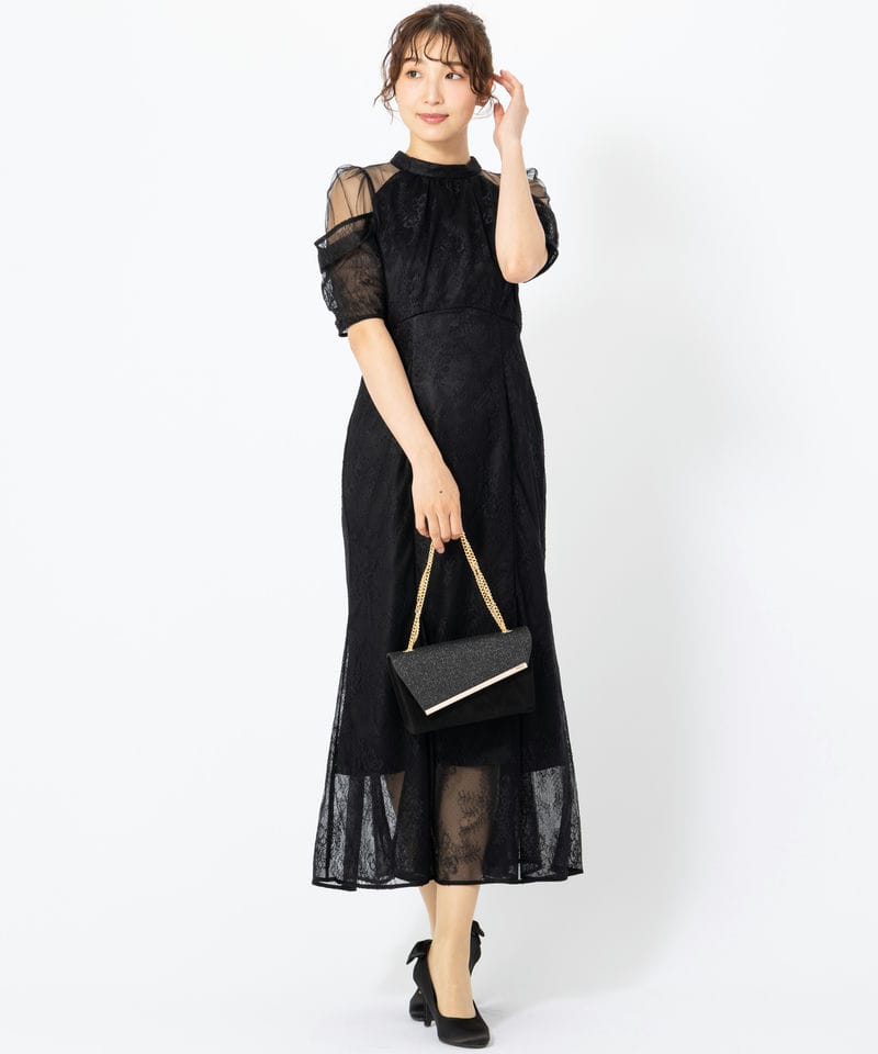 SNIDEL スナイデル シアーショルダーレースドレス ブラック系 | 結婚式