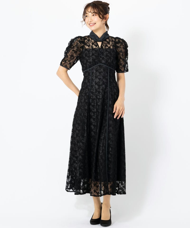 dazzlin ブラック フレアドレス dazzlin ダズリン ネックツイスト刺繍レースドレス ブラック系 | 結婚