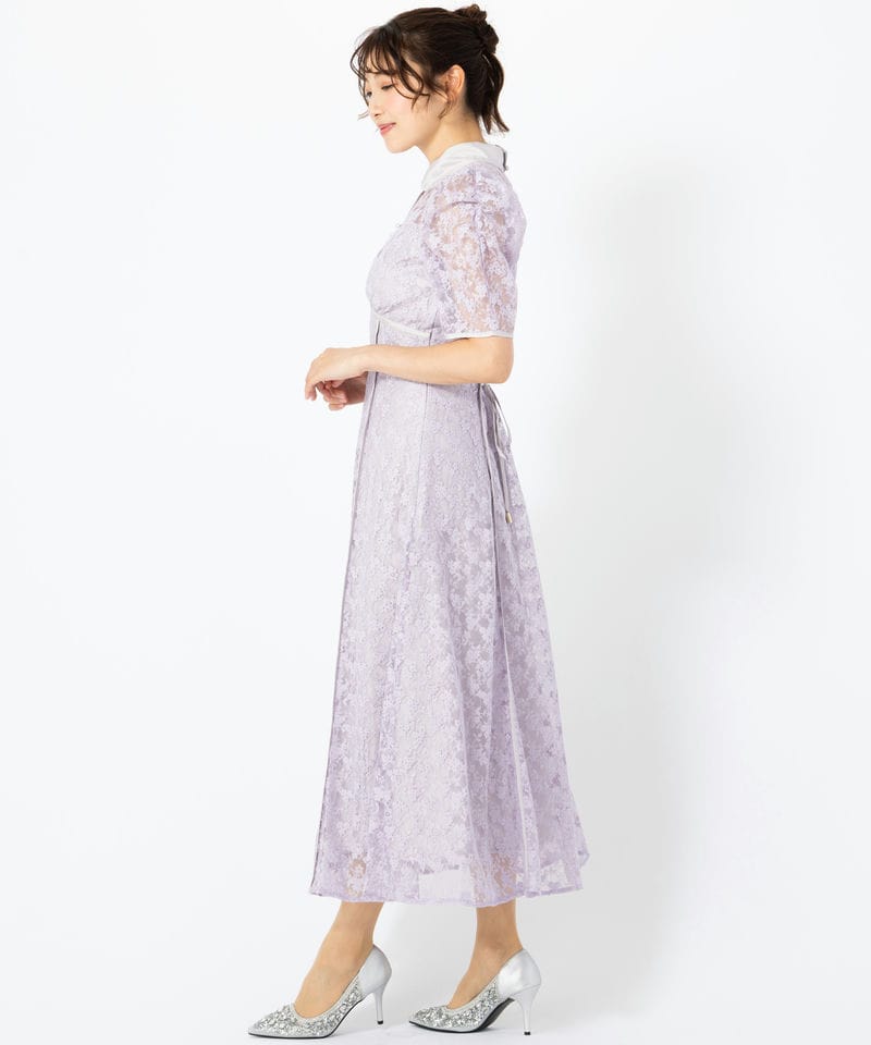【新品】dazzlin ネックツイスト刺繍レースドレス ラベンダー 結婚式ドレス dazzlin ダズリン ネックツイスト刺繍レースドレス パープル系 | 結婚