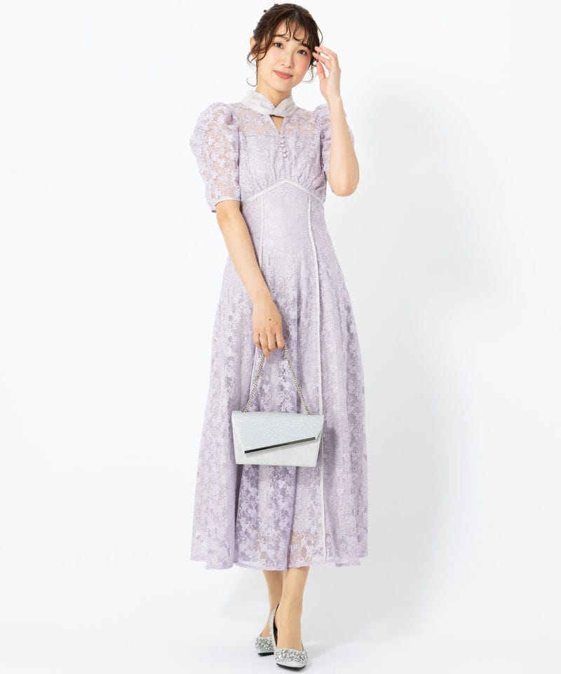 【新品】dazzlin ネックツイスト刺繍レースドレス ラベンダー 結婚式ドレス dazzlin ダズリン ネックツイスト刺繍レースドレス パープル系 | 結婚