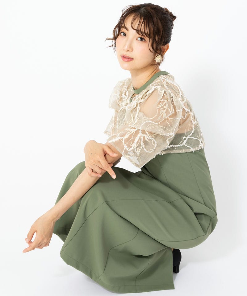 Aimer エメ フラワーモール刺繍キーネックブラウス×Iライン