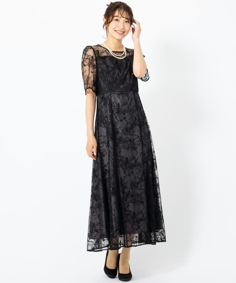 【美品】AIMER エメ スパンコール 刺繍 ドレス L ブラック 結婚式 Aimer エメ ビオラモチーフスパンコール刺繍ドレス ブラック系 | 結婚