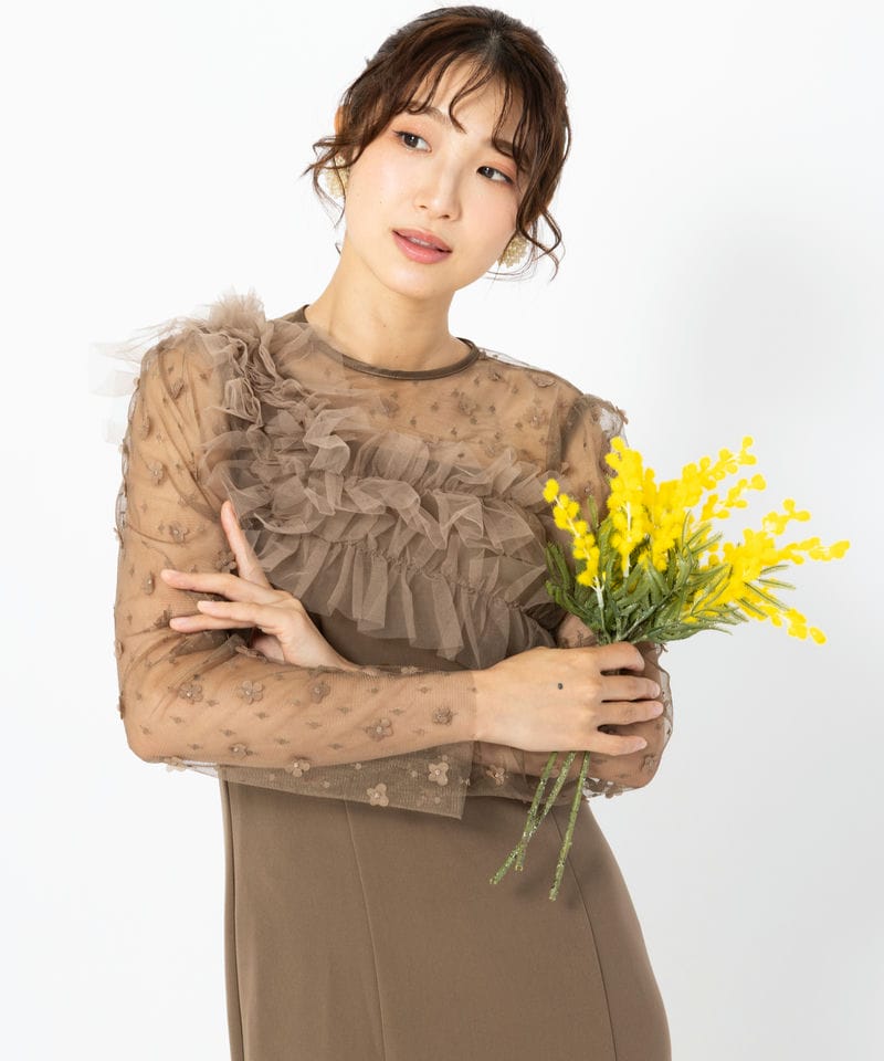 Leja レジャ フラワーモチーフアシンメトリーチュールマーメイドドレス