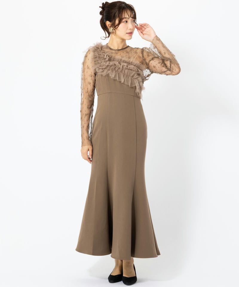 Leja レジャ フラワーモチーフアシンメトリーチュールマーメイドドレス