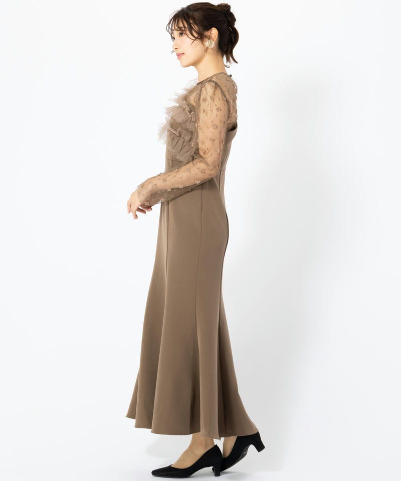 Leja レジャ フラワーモチーフアシンメトリーチュールマーメイドドレス