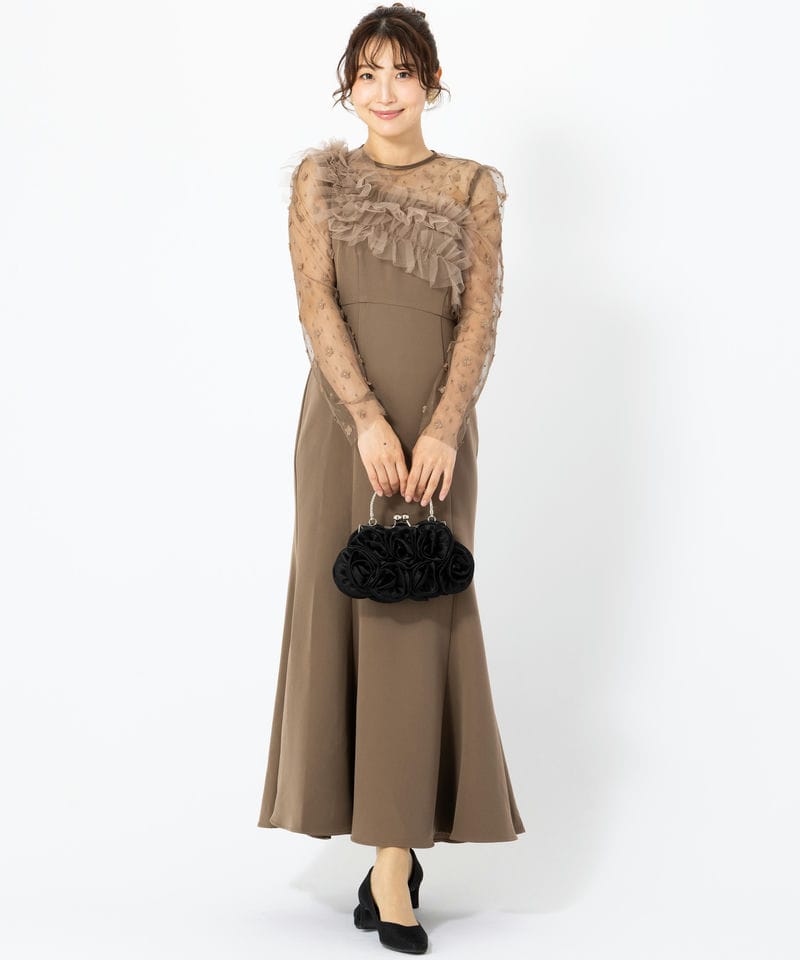 Leja レジャ フラワーモチーフアシンメトリーチュールマーメイドドレス