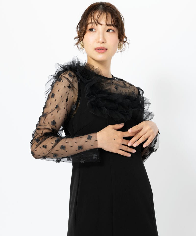 Leja レジャ フラワーモチーフアシンメトリーチュールマーメイドドレス