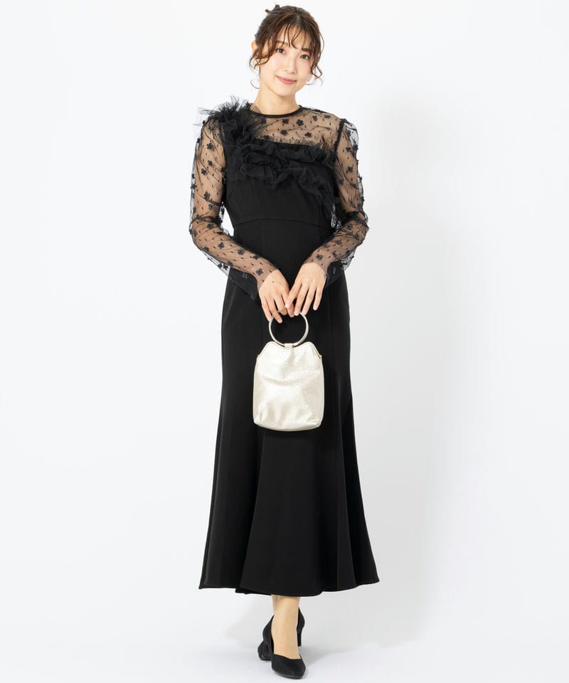 Leja レジャ フラワーモチーフアシンメトリーチュールマーメイドドレス