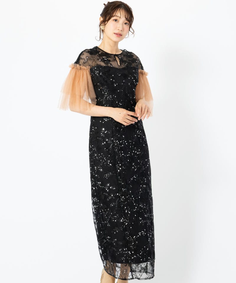 Leja レジャ チェックスパンコールリボンワンピースドレス グレー系